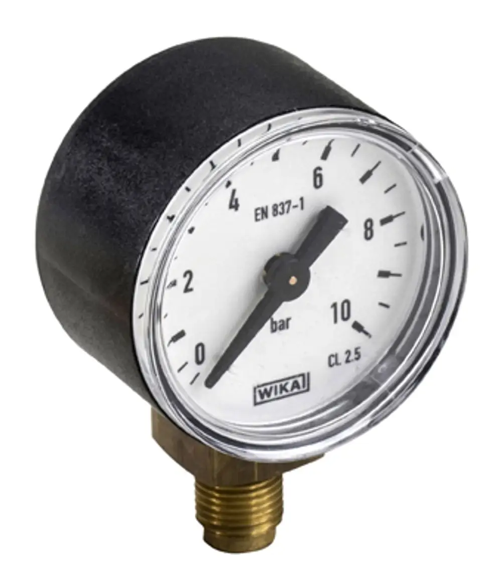 Manometer zur Druckmessung, abgebildet mit einer Skala bis 10 bar und einer klaren Anzeige. Marke: Grünbeck.